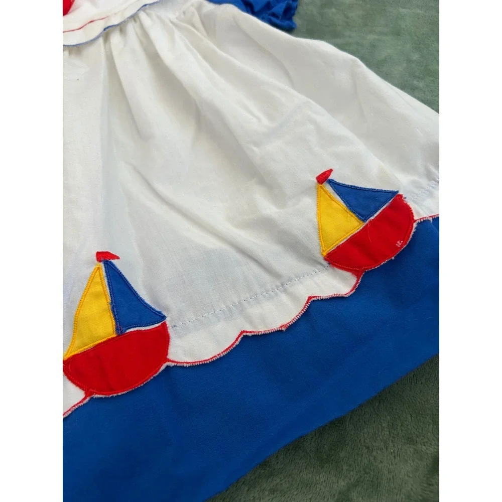 Vintage Kids Stuff Nautical Sailboat‎ Dress Blue White Scalloped 24m Nostalgia